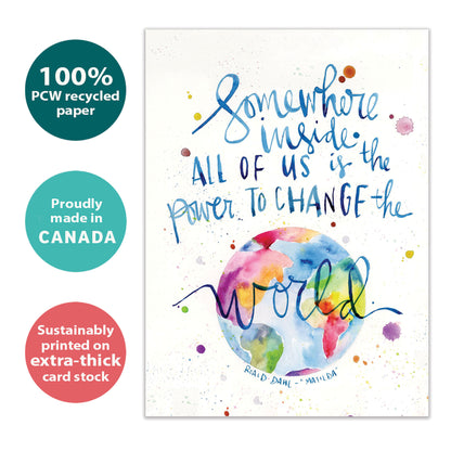 Front view of an All Occasion greeting card showcasing a colourful world illustration with an uplifting message, highlighting its eco-friendly materials and made in Canada.