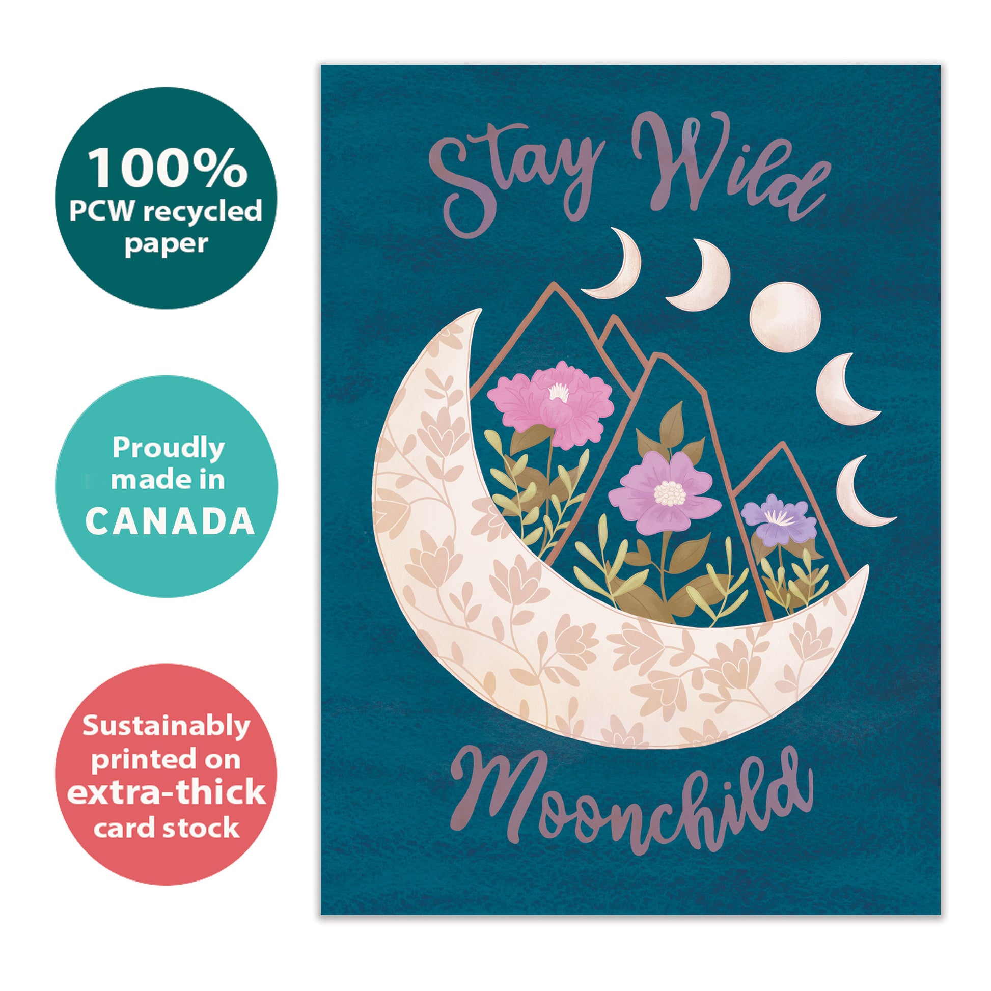 Front view of an All Occasion greeting card with a moon and flowers on a dark blue background, highlighting its eco-friendly materials and made in Canada.