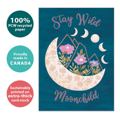 Front view of an All Occasion greeting card with a moon and flowers on a dark blue background, highlighting its eco-friendly materials and made in Canada.