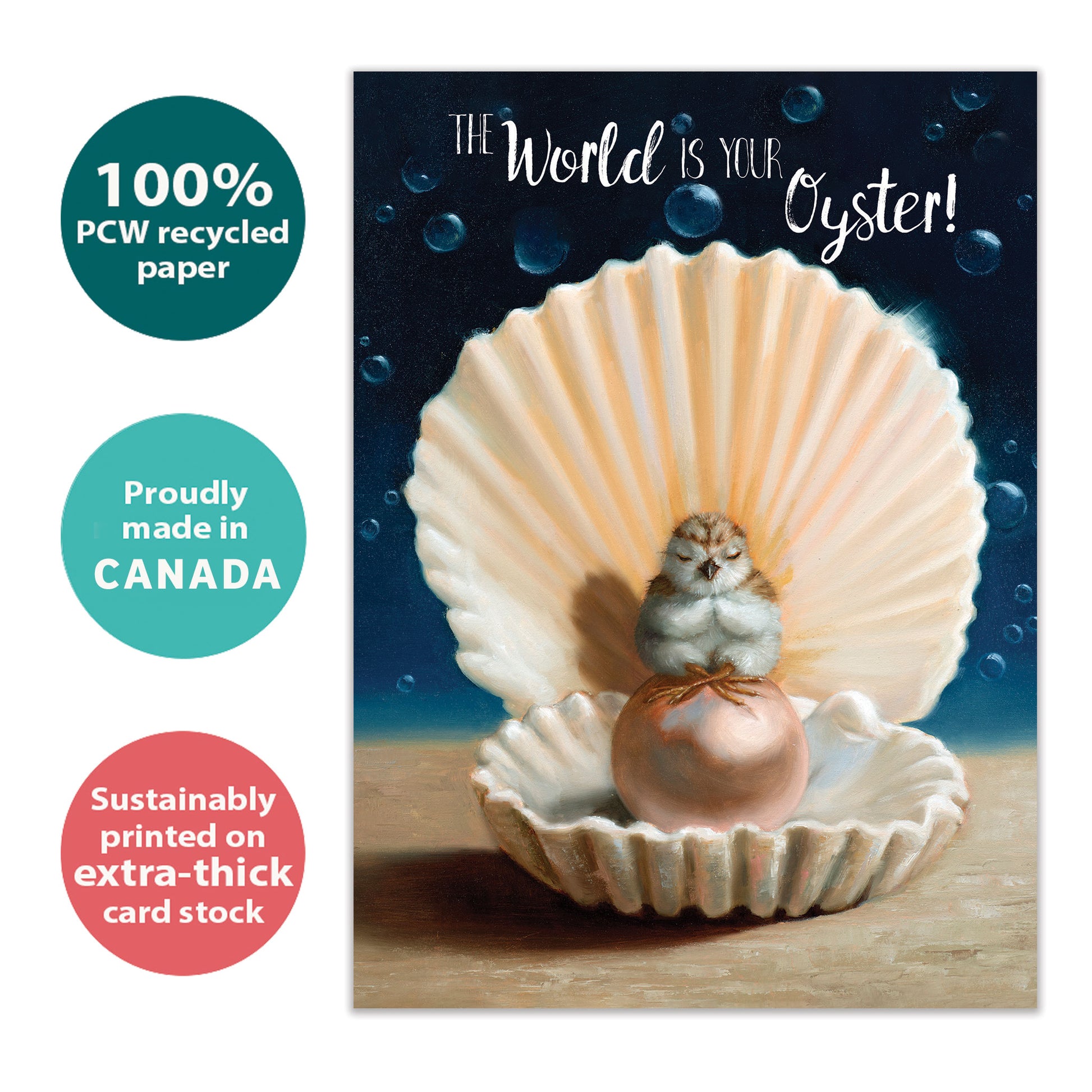 Front view of an All Occasion greeting card with an oyster and pearl illustration, highlighting its eco-friendly materials and made in Canada.