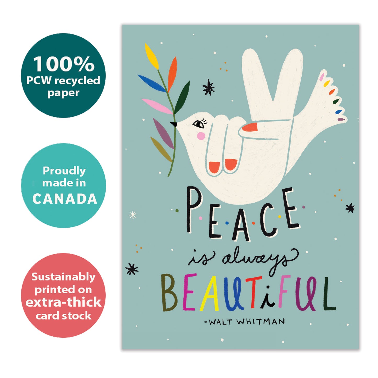 Front view of an All Occasion greeting card with a bird illustration, highlighting its eco-friendly materials and made in Canada.
