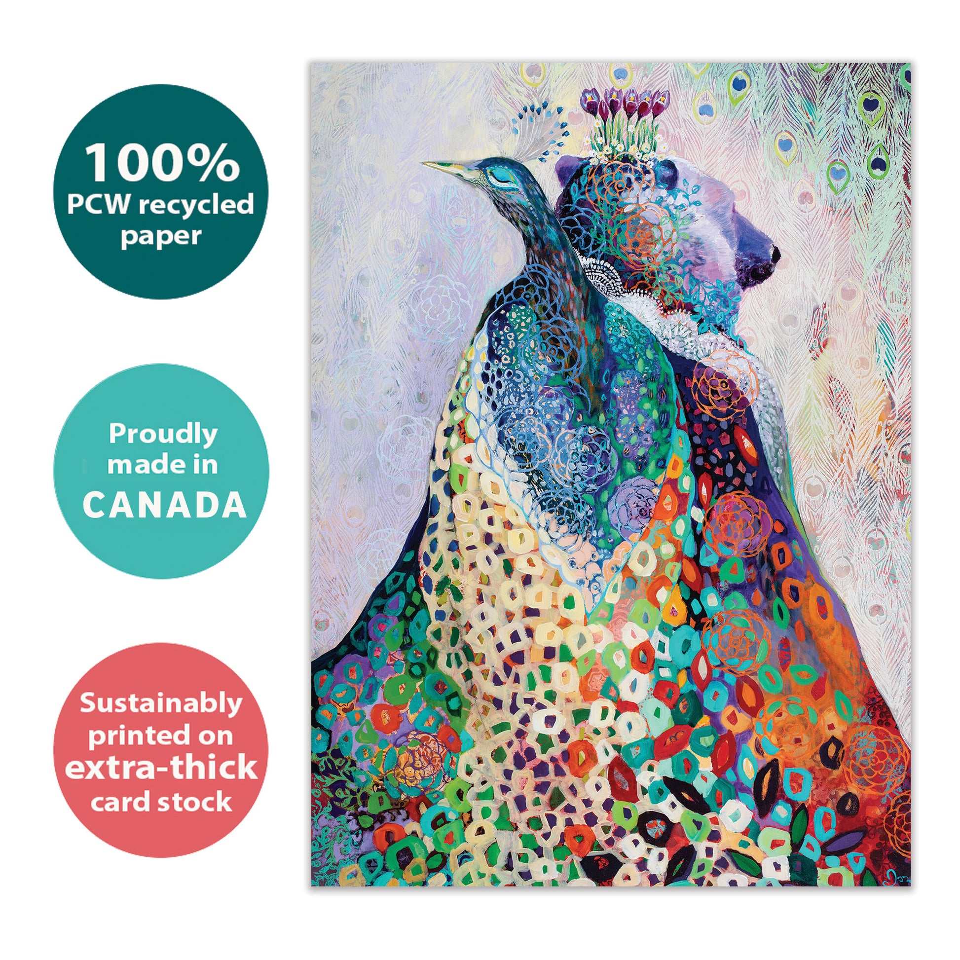 Front view of an All Occasion greeting card with a vibrant peacock and bear illustration, highlighting its eco-friendly materials and made in Canada.