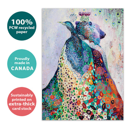 Front view of an All Occasion greeting card with a vibrant peacock and bear illustration, highlighting its eco-friendly materials and made in Canada.