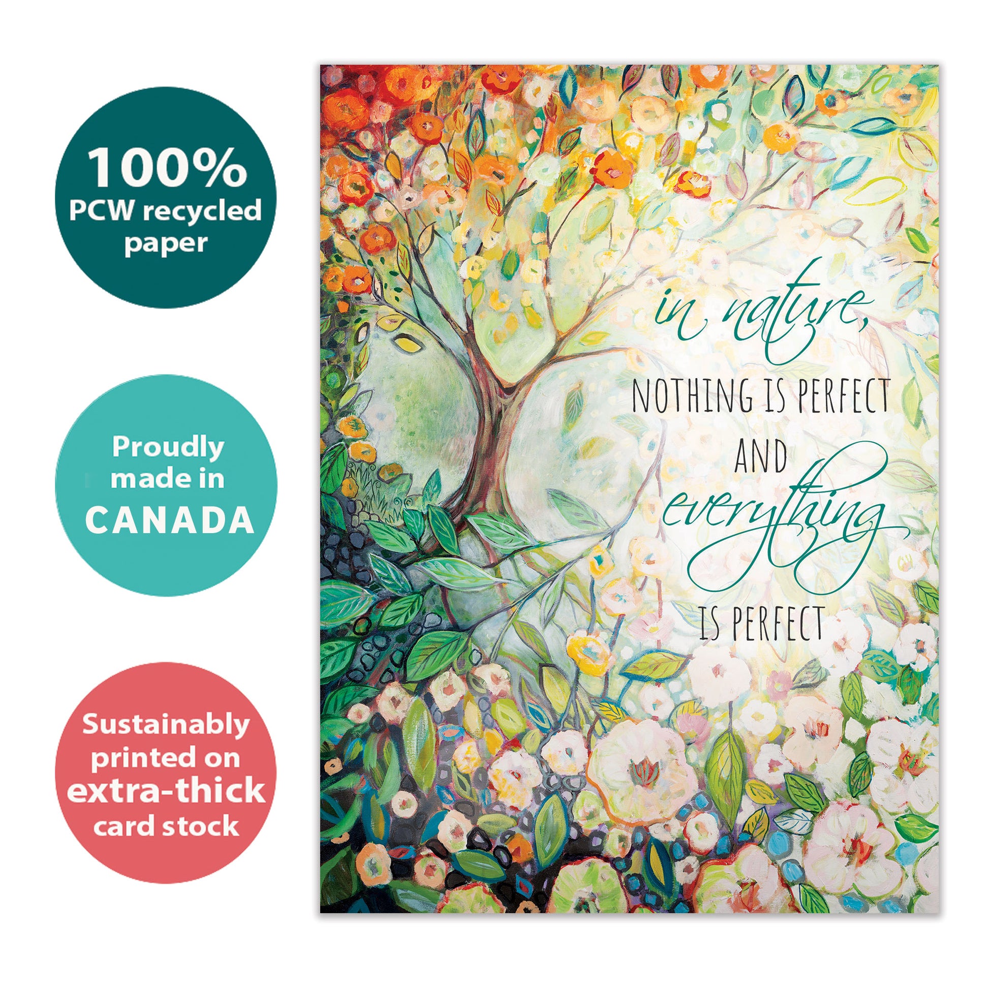 Front view of an All Occasion greeting card with a tree and flowers illustration, highlighting its eco-friendly materials and made in Canada.