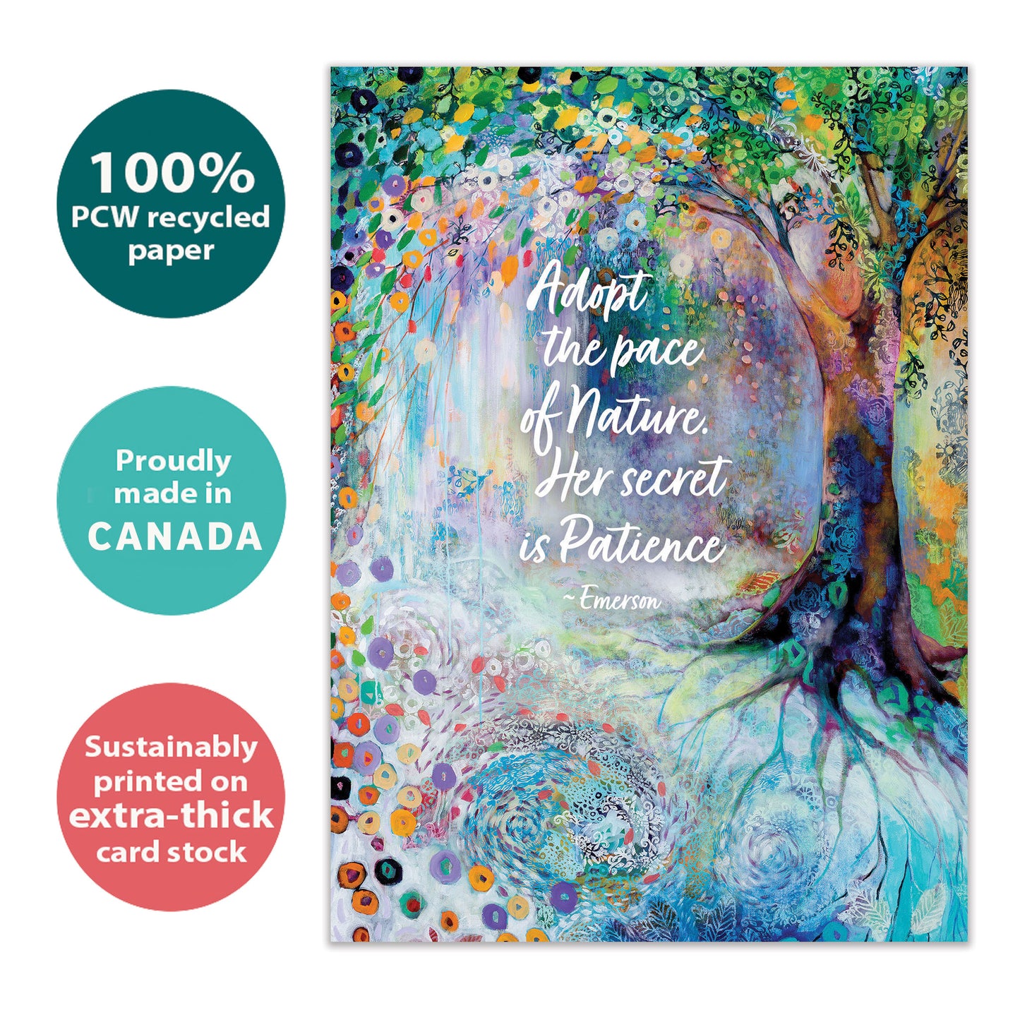 Front view of an All Occasion greeting card with a colourful tree and flowers illustration, highlighting its eco-friendly materials and made in Canada.