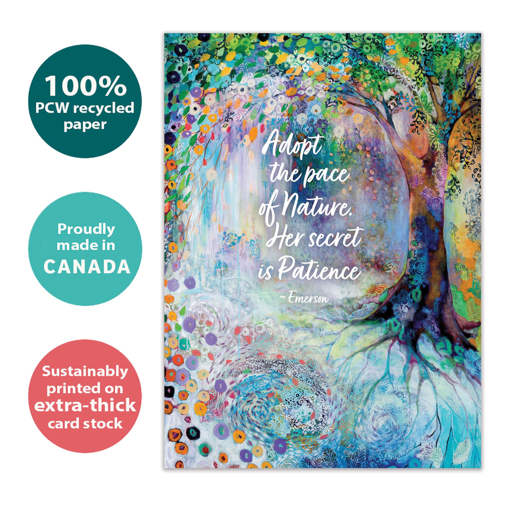 Front view of an All Occasion greeting card with a colourful tree and flowers illustration, highlighting its eco-friendly materials and made in Canada.