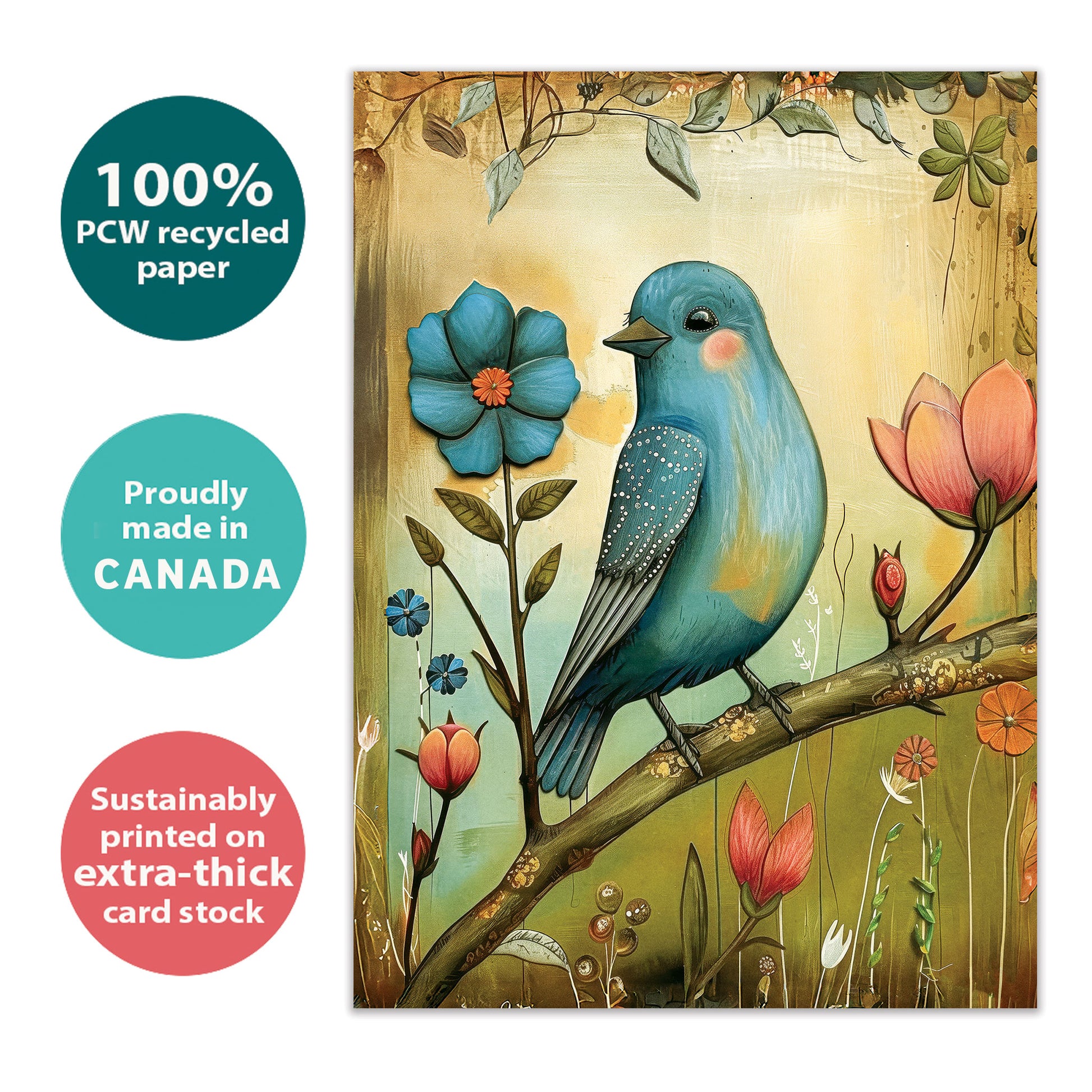 Front view of an All Occasion greeting card with a bird and flowers illustration, highlighting its eco-friendly materials and made in Canada.