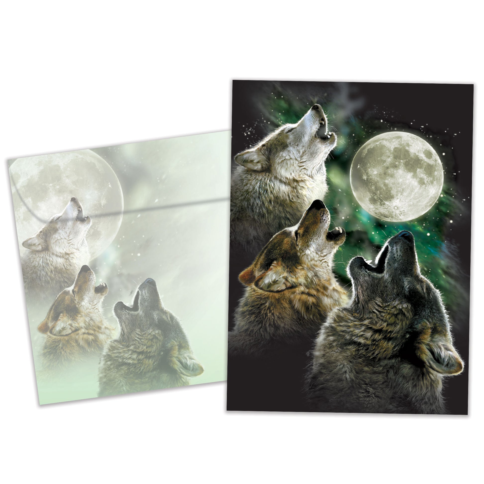 Front view of an All Occasion greeting card and matching envelope featuring an illustration of three wolves howling at a full moon.