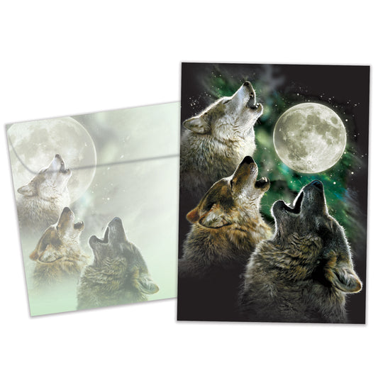 Front view of an All Occasion greeting card and matching envelope featuring an illustration of three wolves howling at a full moon.