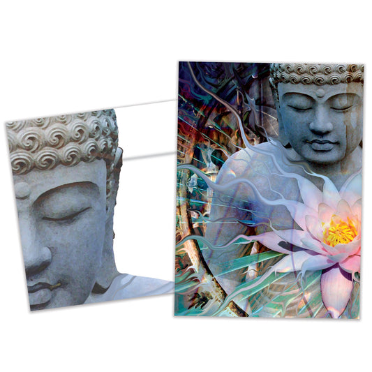 Front view of an All Occasion greeting card and matching envelope featuring an illustration of a Buddha and a serene flower design.