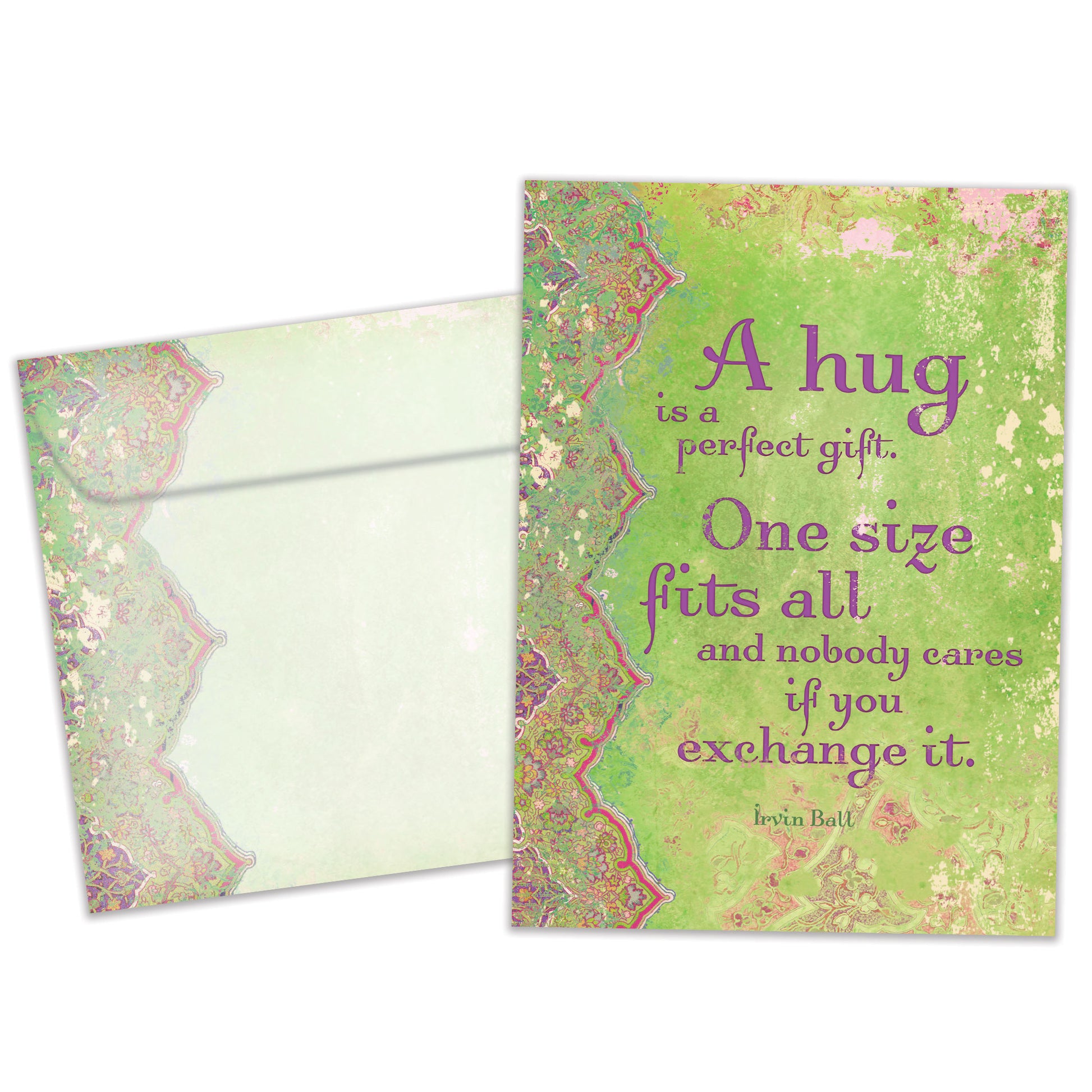Front view of an All Occasion greeting card and matching envelope featuring an artistic design with a heartfelt message about a hug.