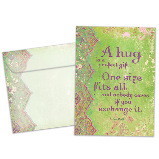 Front view of an All Occasion greeting card and matching envelope featuring an artistic design with a heartfelt message about a hug.