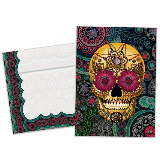Front view of an All Occasion greeting card and matching envelope featuring a skull with intricate paisley designs.