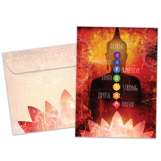 Front view of an All Occasion greeting card and matching envelope featuring detailed artwork with spiritual words like 'divine,' 'connected,' 'loved,' and 'joyful.