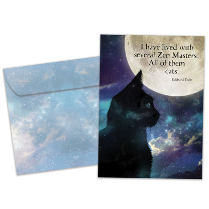 Front view of an All Occasion greeting card and matching envelope featuring a cat and moon illustration with a quote celebrating the charm of cats.