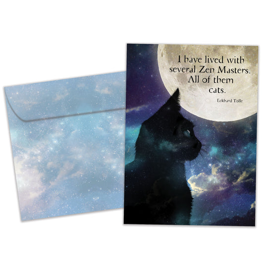 Front view of an All Occasion greeting card and matching envelope featuring a cat and moon illustration with a quote celebrating the charm of cats.