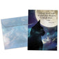 Front view of an All Occasion greeting card and matching envelope featuring a cat and moon illustration with a quote celebrating the charm of cats.