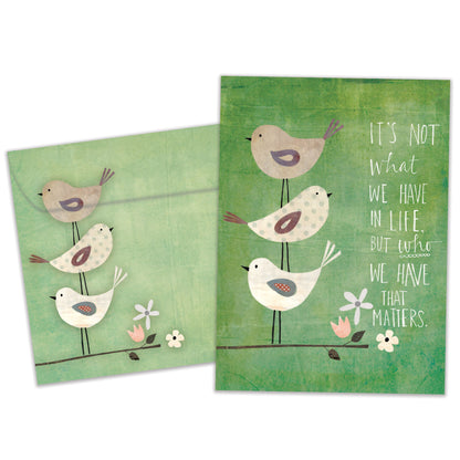 Front view of an All Occasion greeting card and matching envelope featuring an illustration of birds on a branch with a message about the important people in our lives.