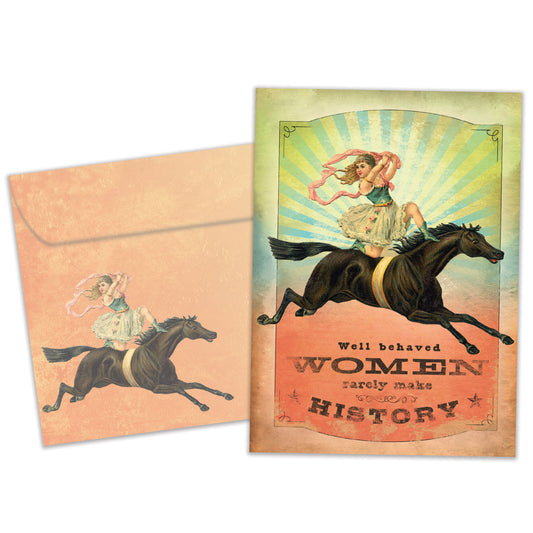 Front view of an All Occasion greeting card and matching envelope featuring a vintage illustration of a woman riding a horse, with a quote about how well-behaved women rarely make history.