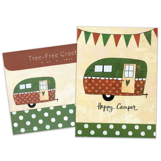 Front view of an All Occasion greeting card and matching envelope featuring an illustration of a camper with the words 'Happy Camper' in a fun, cheerful design.