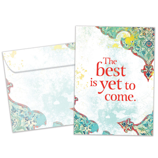 Front view of an All Occasion greeting card and matching envelope featuring an illustration with the words 'The Best Is Yet to Come' in an inspiring design.