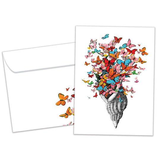 Front view of an All Occasion greeting card and matching envelope featuring a shell with butterflies in a joyful, colourful design.