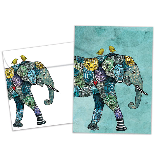 Front view of an All Occasion greeting card and matching envelope featuring a vibrant, colourful elephant illustration in a bold, artistic design.