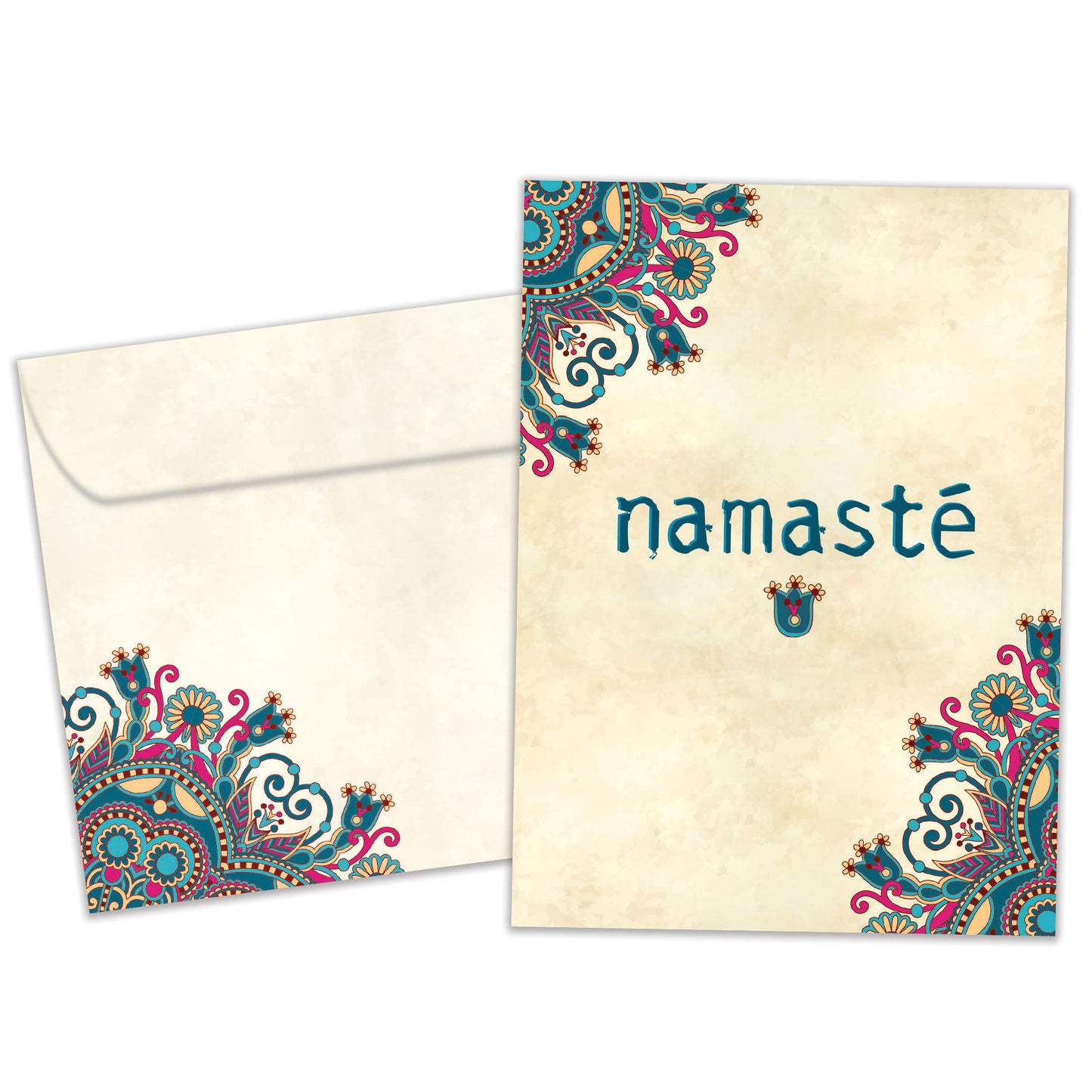 Front view of an All Occasion greeting card and matching envelope featuring the word 'Namaste' with intricate mandala artwork in a peaceful, spiritual design.