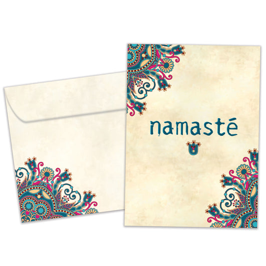 Front view of an All Occasion greeting card and matching envelope featuring the word 'Namaste' with intricate mandala artwork in a peaceful, spiritual design.