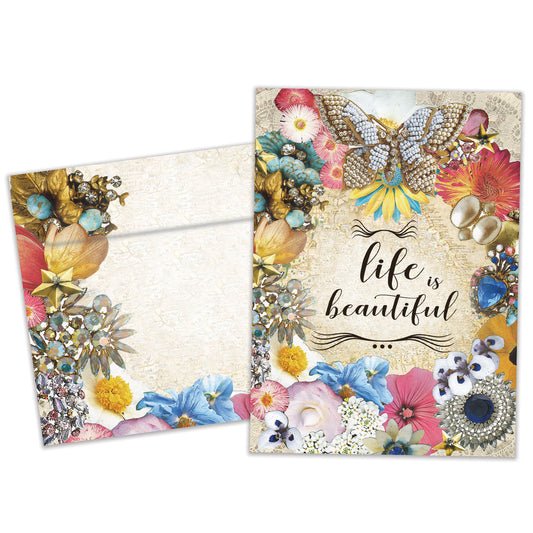 Front view of an All Occasion greeting card and matching envelope featuring a beautifully illustrated design with the words 'Life is Beautiful' on the front.
