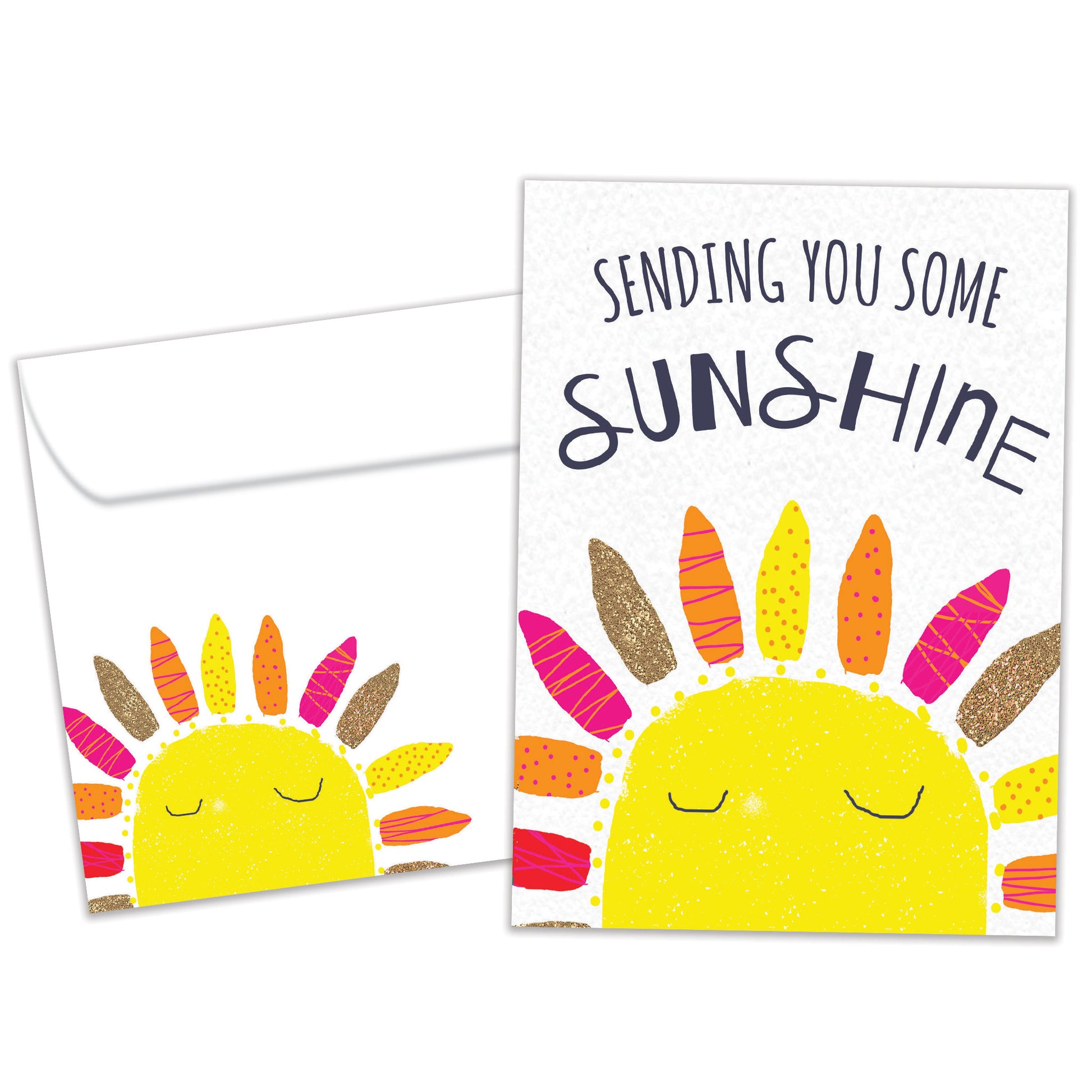 Front view of an All Occasion greeting card and matching envelope featuring an illustration of a sun with the words 'Sending You Some Sunshine' in a cheerful design.