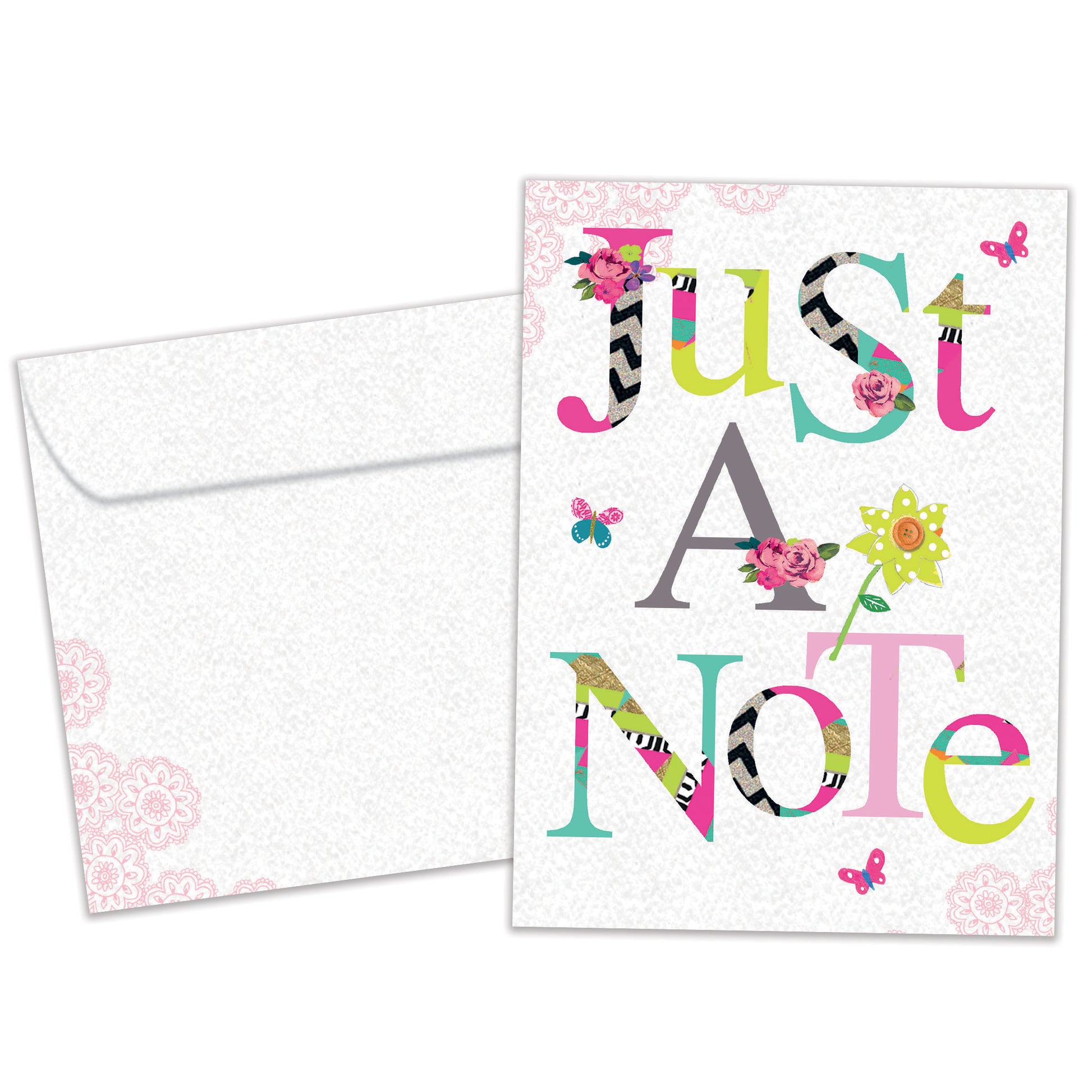 Front view of an All Occasion greeting card and matching envelope featuring a floral design with the words 'Just A Note' in an elegant and simple style.