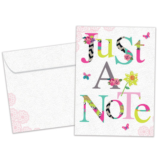 Front view of an All Occasion greeting card and matching envelope featuring a floral design with the words 'Just A Note' in an elegant and simple style.