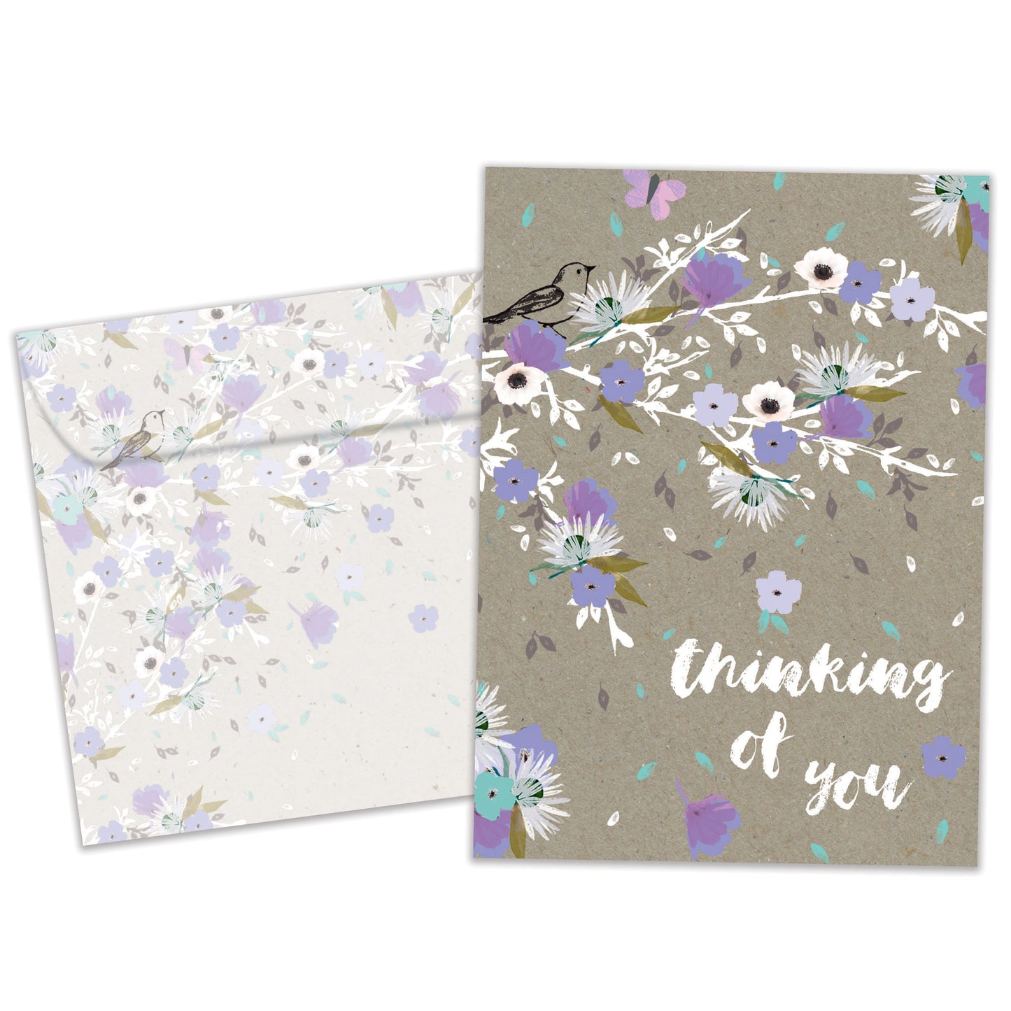 Front view of an All Occasion greeting card and matching envelope featuring purple flowers with the words 'Thinking of You' in a thoughtful, elegant design.