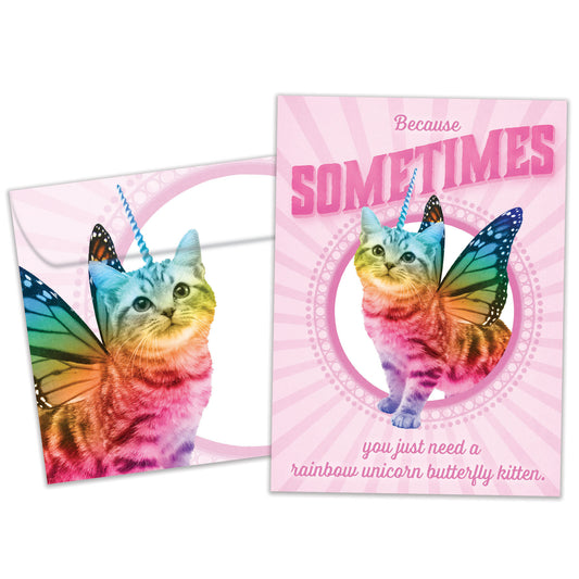 Front view of an All Occasion greeting card and matching envelope featuring a unicorn kitten with butterfly wings and rainbow colours in a whimsical design.
