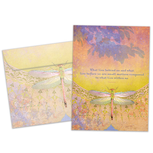 Front view of an All Occasion greeting card and matching envelope featuring a dragonfly illustration with a message about what lies within us in a serene design.