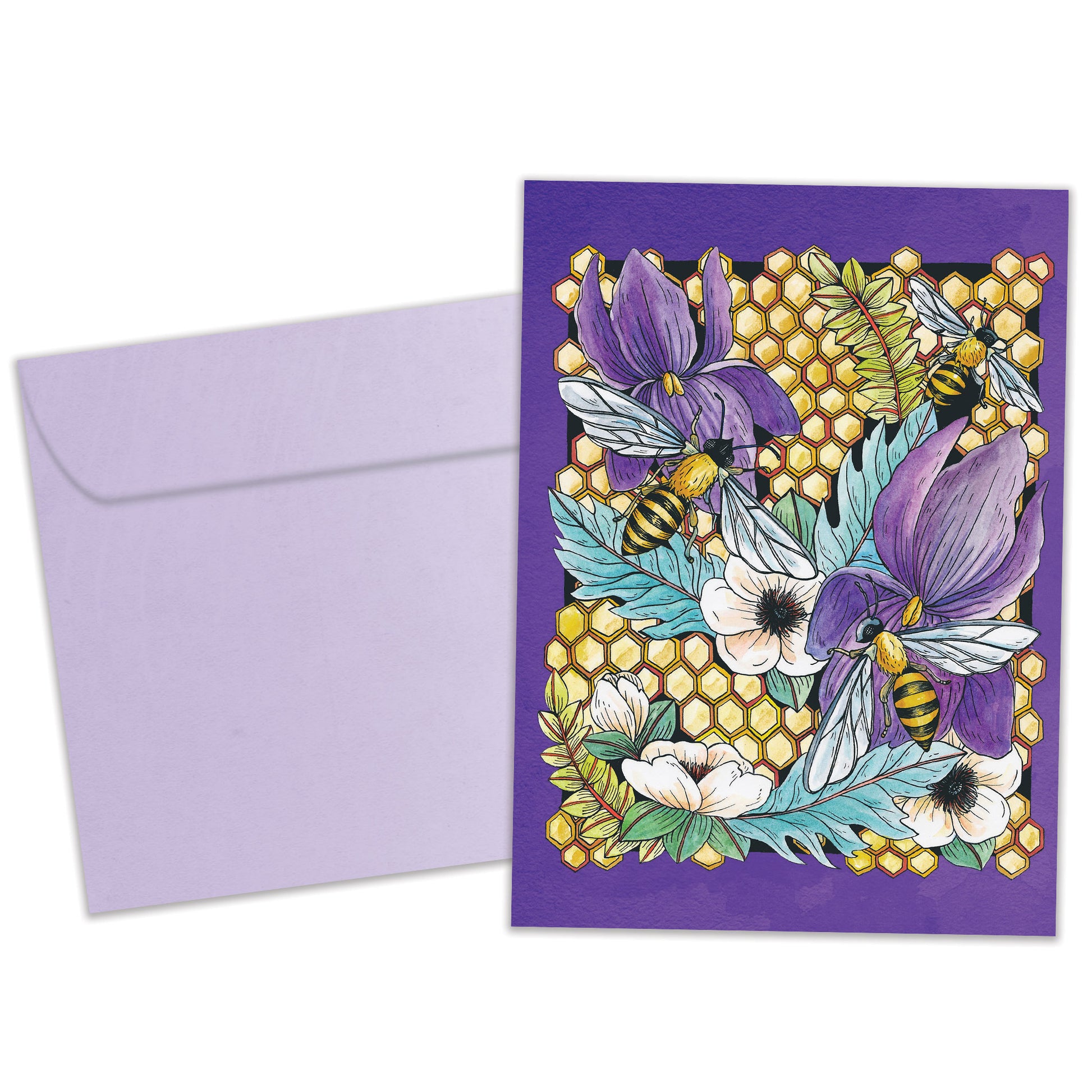 Front view of an All Occasion greeting card and matching envelope featuring honeycomb, bees, and flowers in a vibrant design.