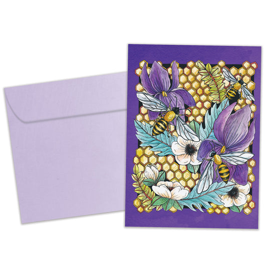 Front view of an All Occasion greeting card and matching envelope featuring honeycomb, bees, and flowers in a vibrant design.