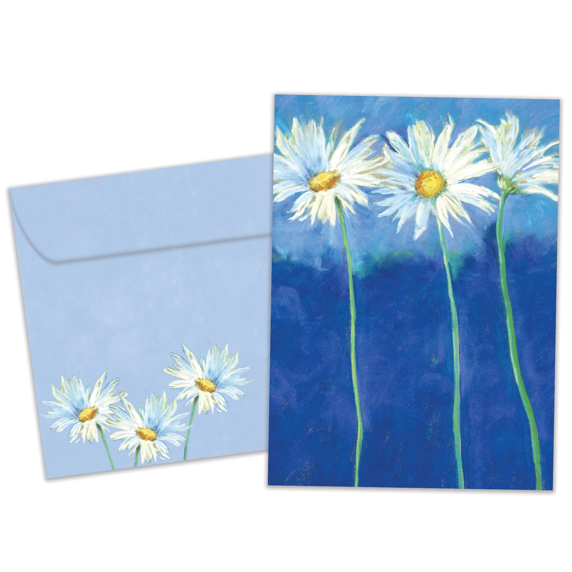 Front view of an All Occasion greeting card and matching envelope featuring daisies on a blue background in a cheerful and simple design.