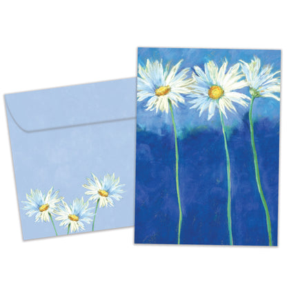 Front view of an All Occasion greeting card and matching envelope featuring daisies on a blue background in a cheerful and simple design.