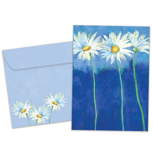 Front view of an All Occasion greeting card and matching envelope featuring daisies on a blue background in a cheerful and simple design.