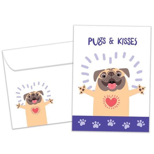 Front view of an All Occasion greeting card and matching envelope featuring a cute illustration of a pug with the words 'pugs & kisses' in a playful design.