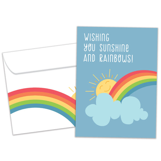 Front view of an All Occasion greeting card and matching envelope featuring an illustration of a sun and rainbow with a nice message in a cheerful design.