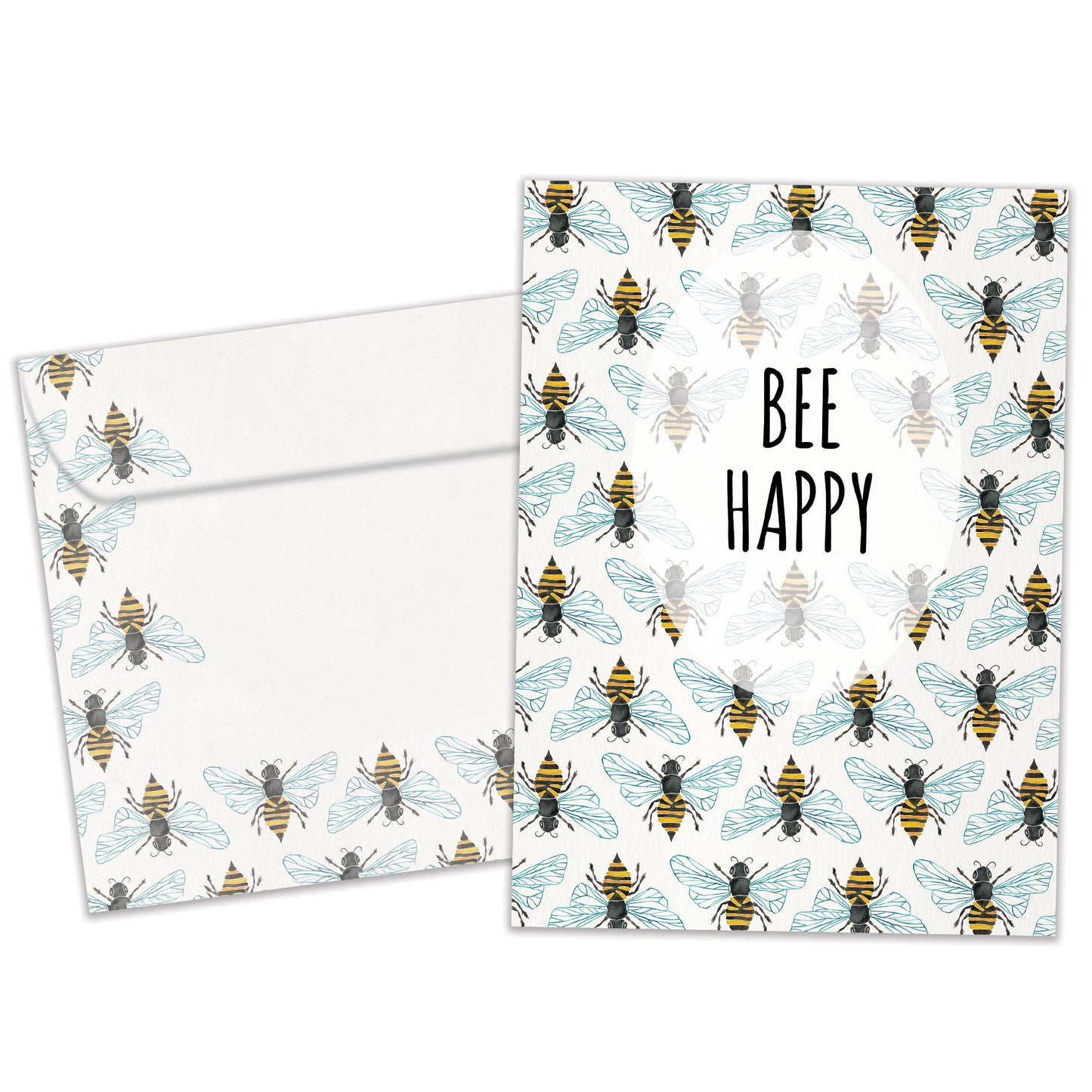 Front view of an All Occasion greeting card and matching envelope featuring bees and the cheerful message 'bee happy' in a playful design.