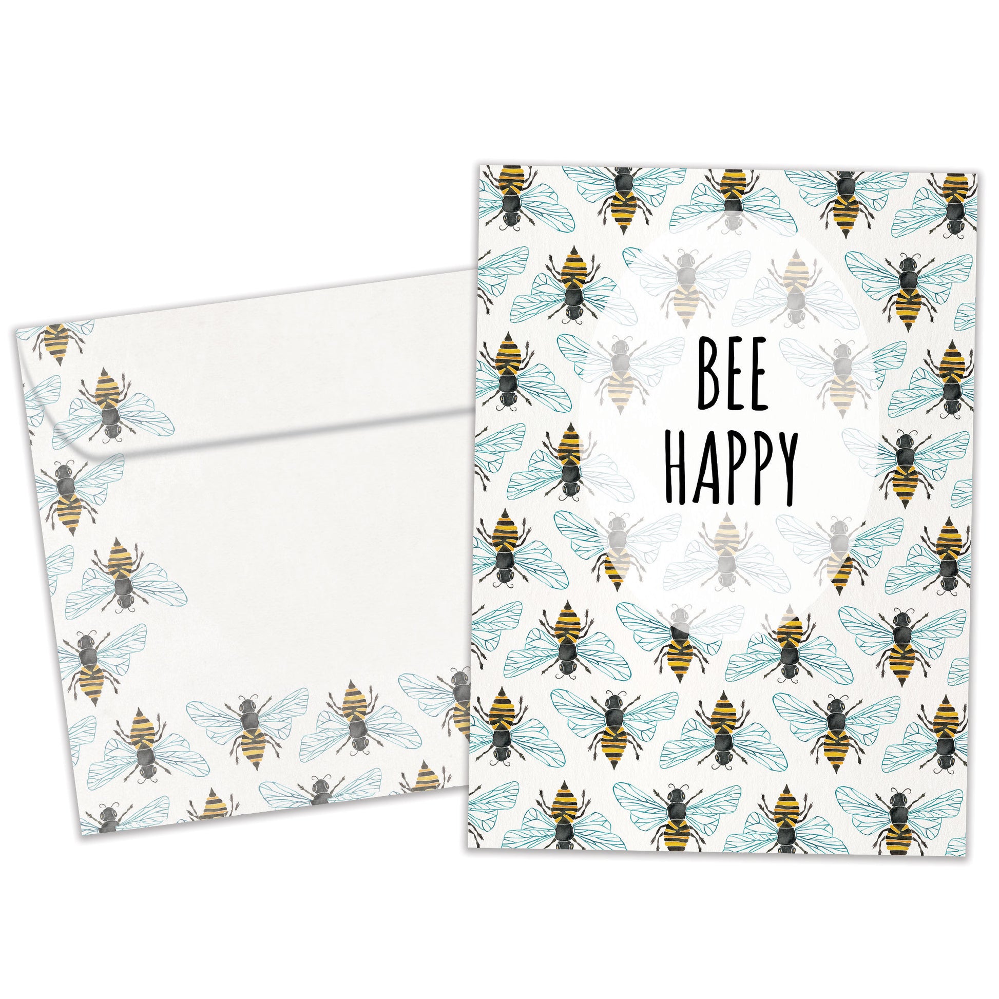 Front view of an All Occasion greeting card and matching envelope featuring bees and the cheerful message 'bee happy' in a playful design.