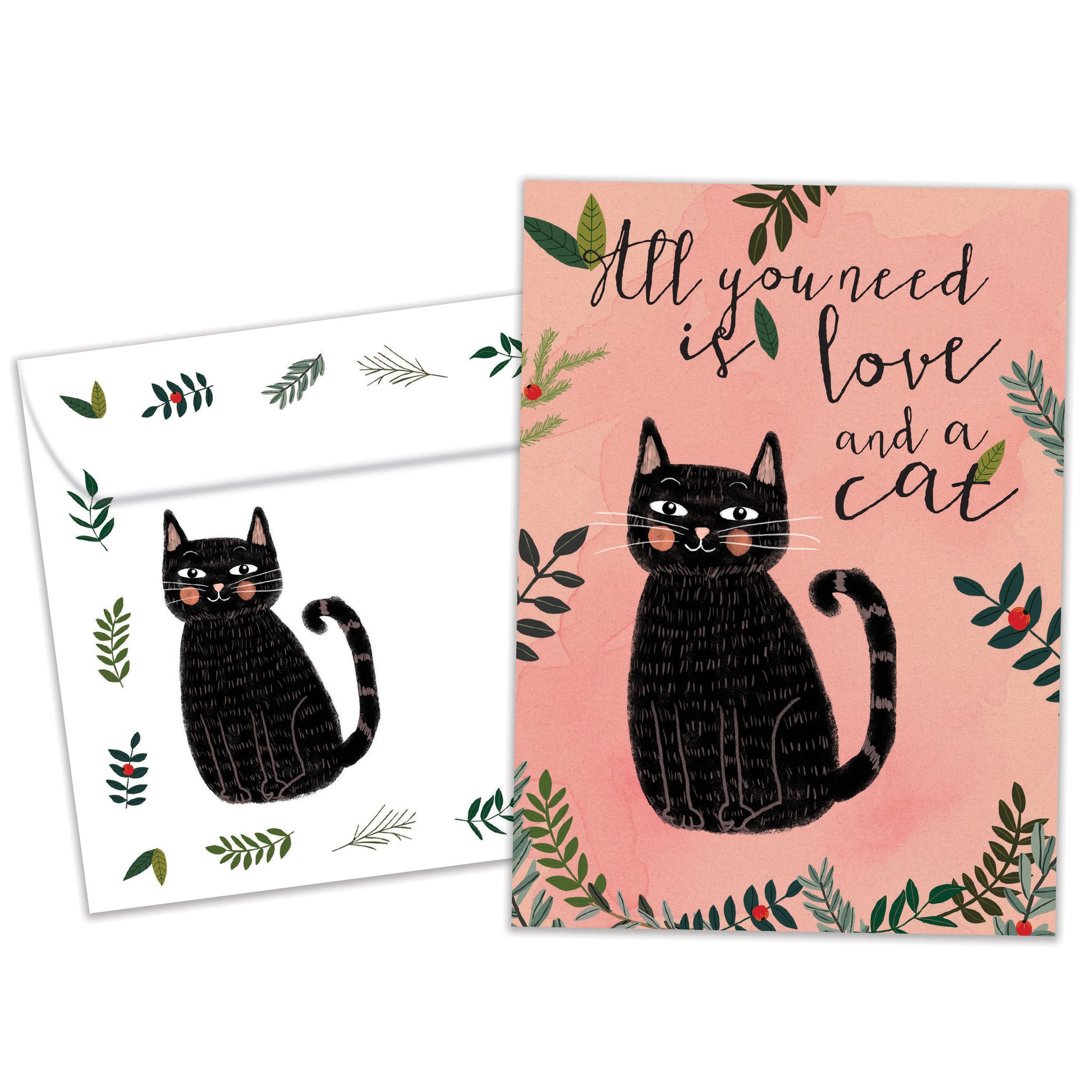 Front view of an All Occasion greeting card and matching envelope featuring a cat with the message 'all you need is love and a cat' in a charming design.