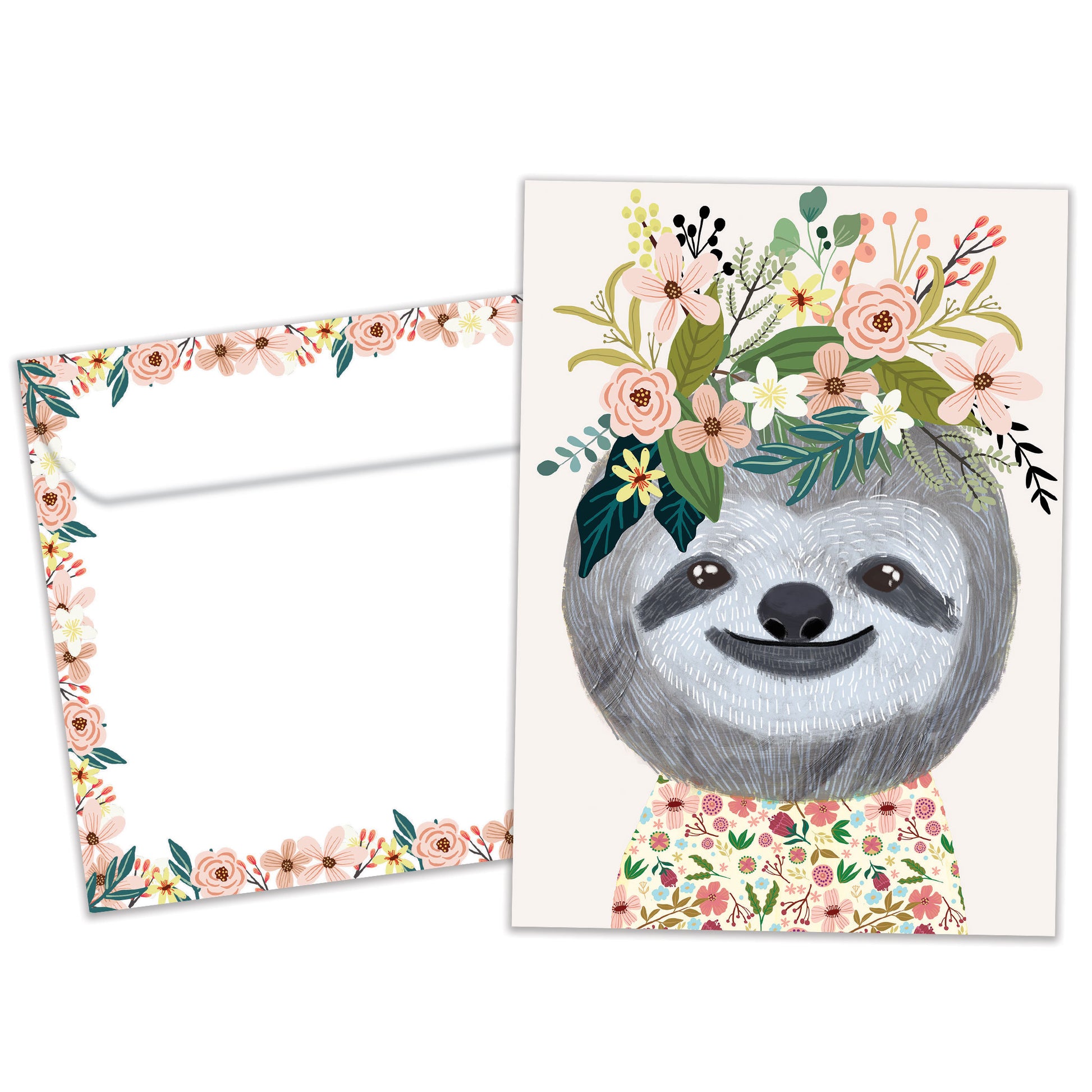 Front view of an All Occasion greeting card and matching envelope featuring a happy sloth surrounded by flowers in a delightful design.