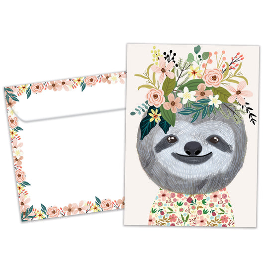 Front view of an All Occasion greeting card and matching envelope featuring a happy sloth surrounded by flowers in a delightful design.