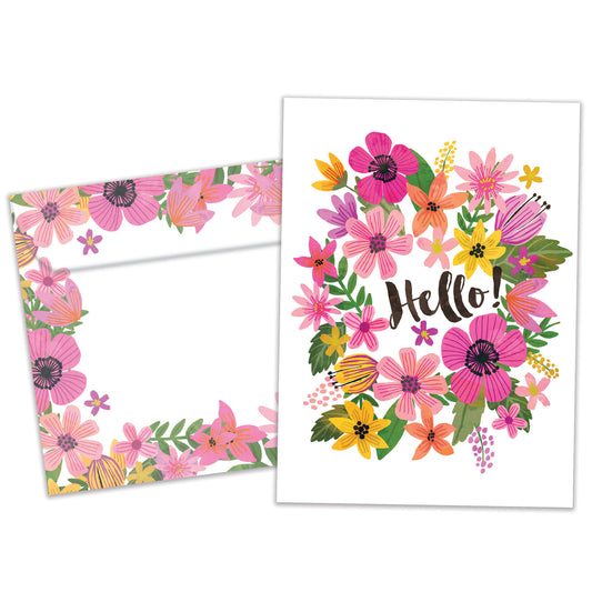 Front view of an All Occasion greeting card and matching envelope featuring colourful flowers with the cheerful message 'Hello!' in a vibrant design.