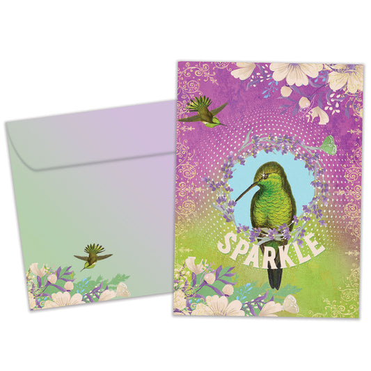 Front view of an All Occasion greeting card and matching envelope featuring an illustration of a bird with the word 'sparkle' in a charming design.
